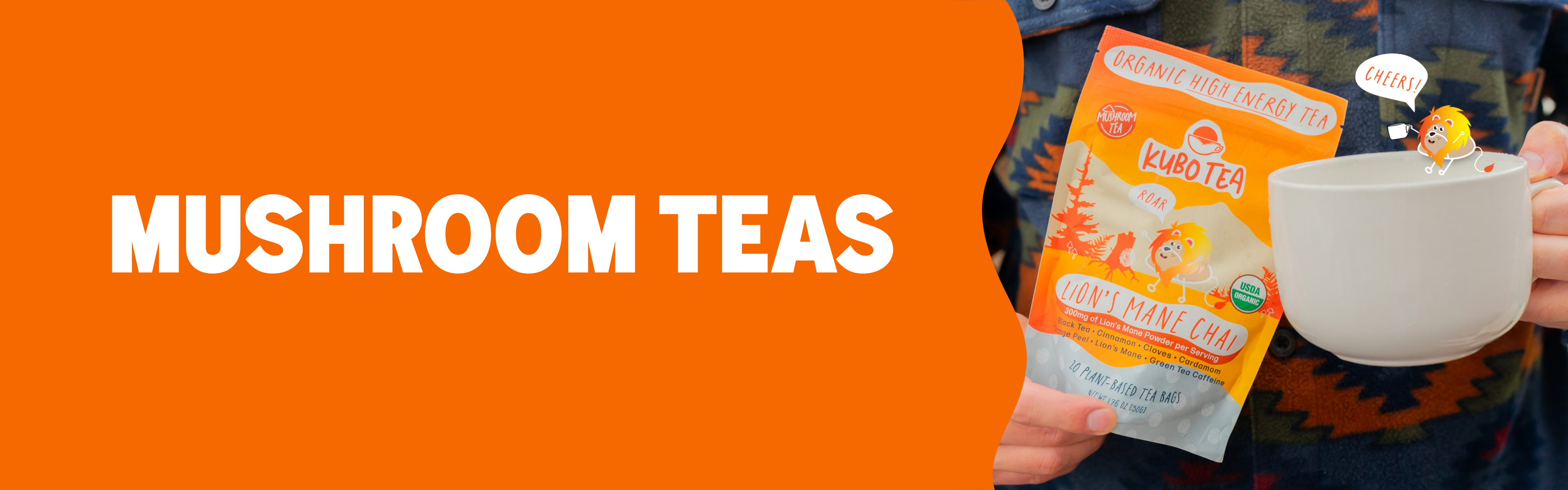 A person holds a packet of Eurotea Mushroom Tea against a bright orange background with large white text reading 'MUSHROOM TEAS'.