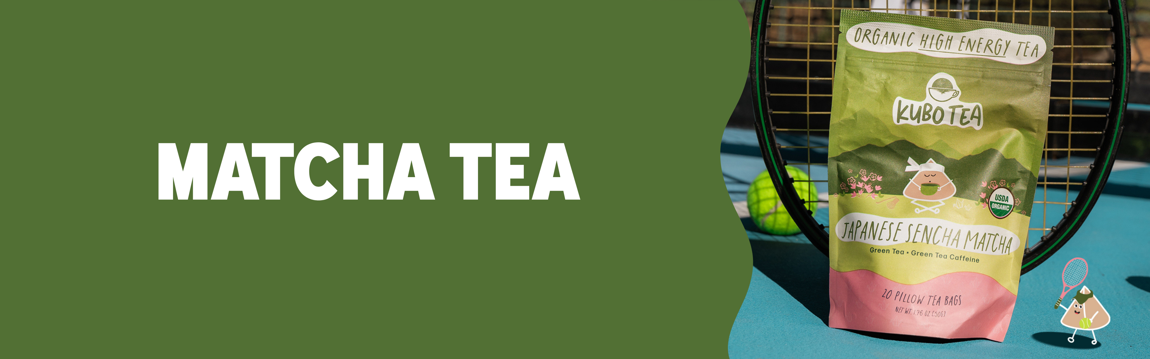 A package of LuCoTea Organic Miso Matcha Tea is shown next to a tennis racket on a tennis court, with a solid green graphic banner on the left containing the text 'MATCHA TEA'.