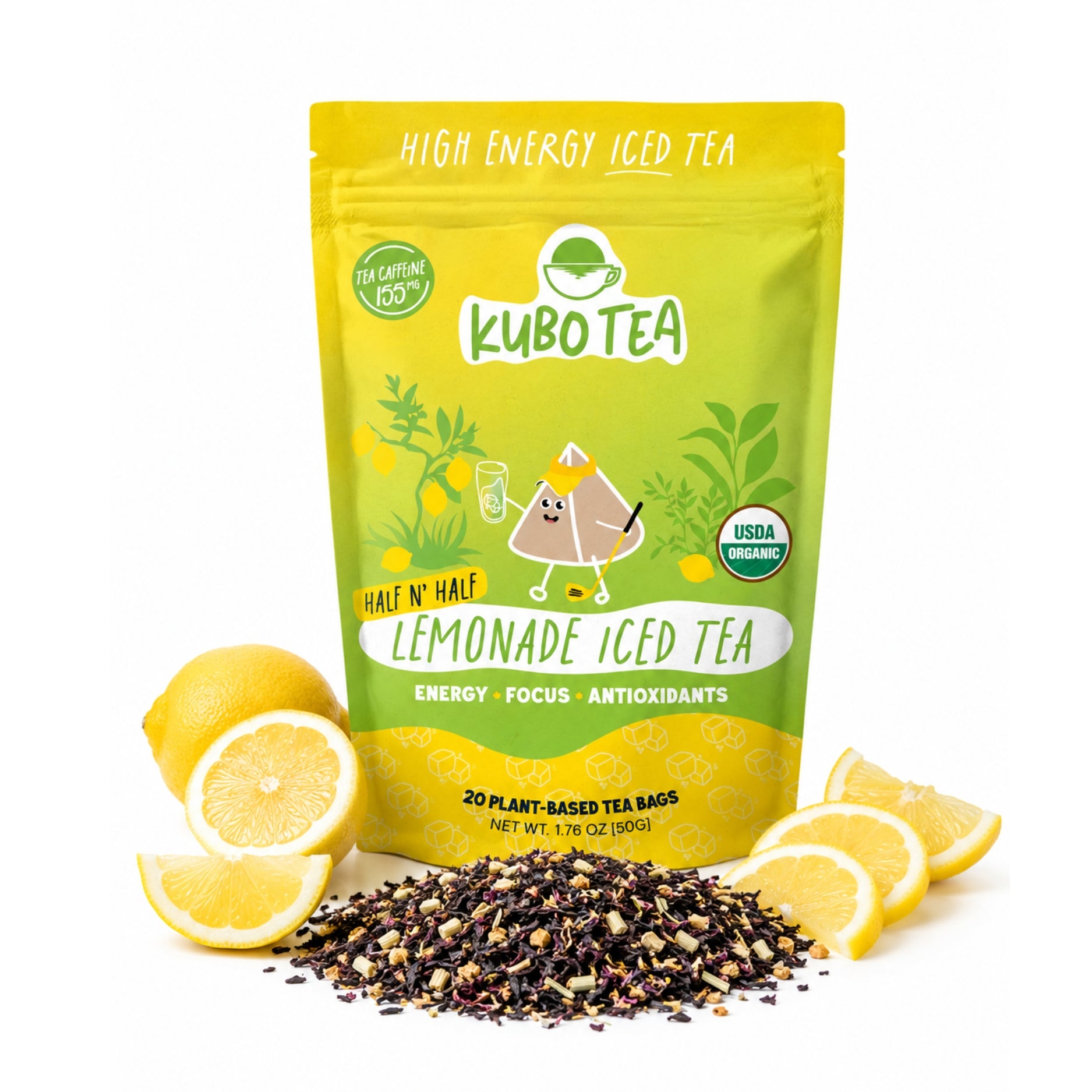 A stand-up pouch of Kubo Tea Lemonade Iced Tea in bright yellow-green packaging, shown on a white background with whole and sliced lemons and loose tea bags in front. Visible text includes 'KUBO TEA', 'HIGH ENERGY ICED TEA', and 'LEMONADE ICED TEA'.