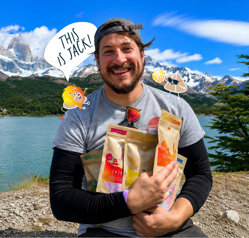 A smiling man outdoors in front of mountains and a lake holds several snack pouches. The scene includes cartoon-style graphics and a speech bubble reading 'THIS IS JACK!'.