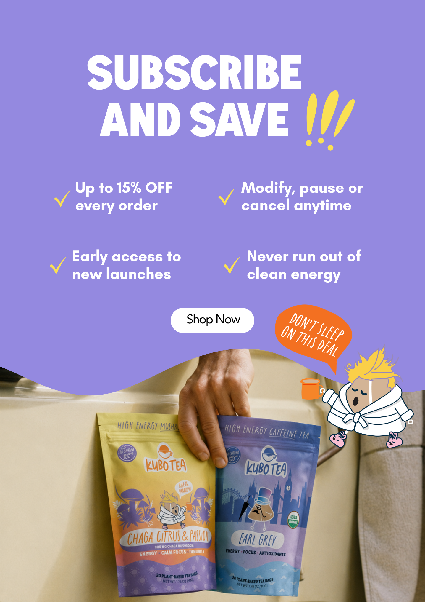 Promotional graphic for Kubotea coffee bags with a purple header reading 'SUBSCRIBE AND SAVE !!' and feature callouts, plus a hand holding two packaged coffee bags at the bottom.