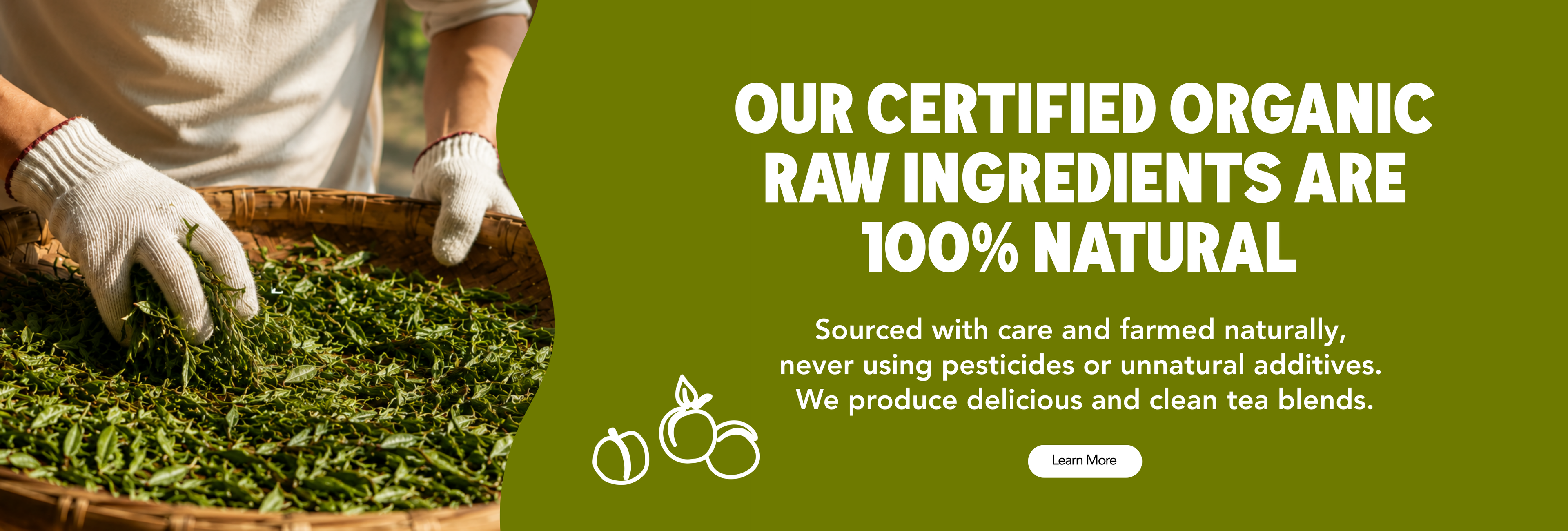 Promotional banner for organic raw ingredients, featuring a close-up of gloved hands holding a basket of loose green tea leaves on the left, and large white text on a solid olive-green background on the right that reads, 'OUR CERTIFIED ORGANIC RAW INGREDIENTS ARE 100% NATURAL.'.