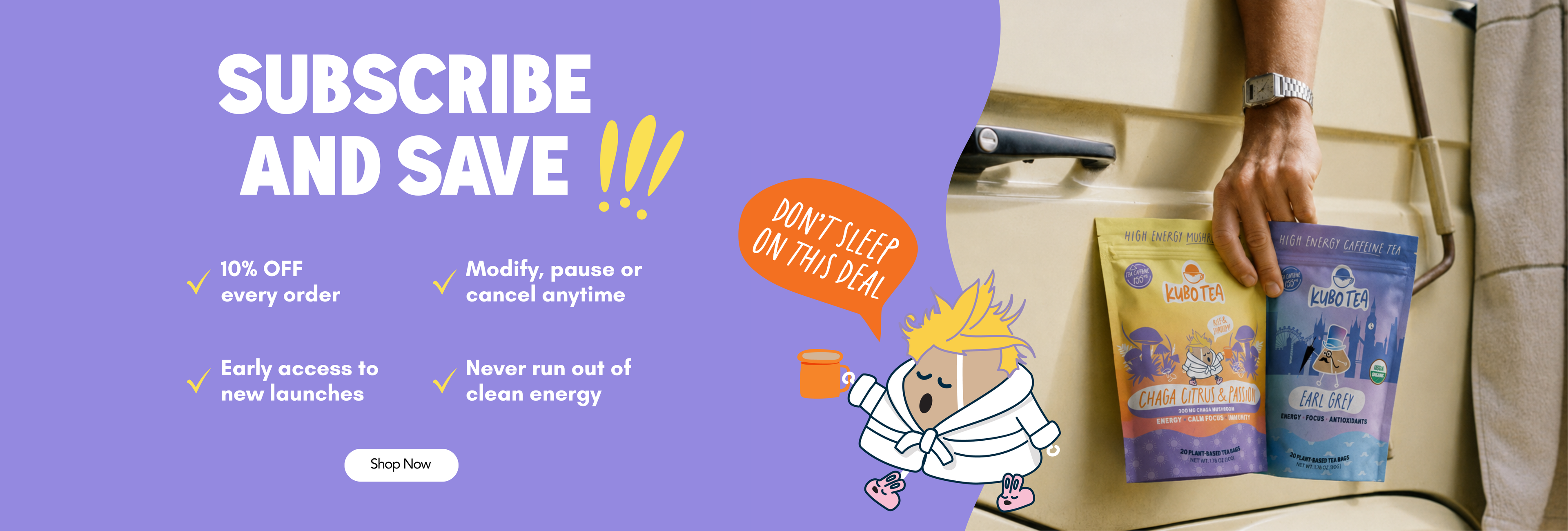 Promotional banner for a subscription service featuring a large purple section with the text 'SUBSCRIBE AND SAVE !!!' and a cartoon character, alongside a lifestyle photo of a hand holding two colorful pouches of pet supplements on a beige countertop.