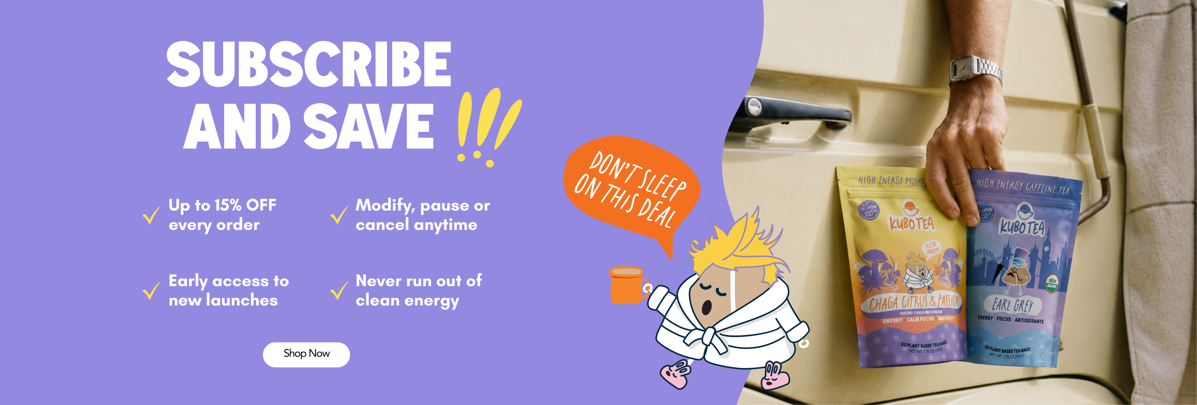 Promotional banner for a subscription service featuring a large purple section with the text 'SUBSCRIBE AND SAVE !!!' and a cartoon character, alongside a lifestyle photo of a hand holding two colorful pouches of pet supplements on a beige countertop.